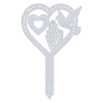 An aluminum grave marker with a heart-shaped top, featuring the phrase 'Your Wings Were Ready, But Our Hearts Were Not'. The design includes a heart outline, a detailed hummingbird, and floral engravings, all against a black background.